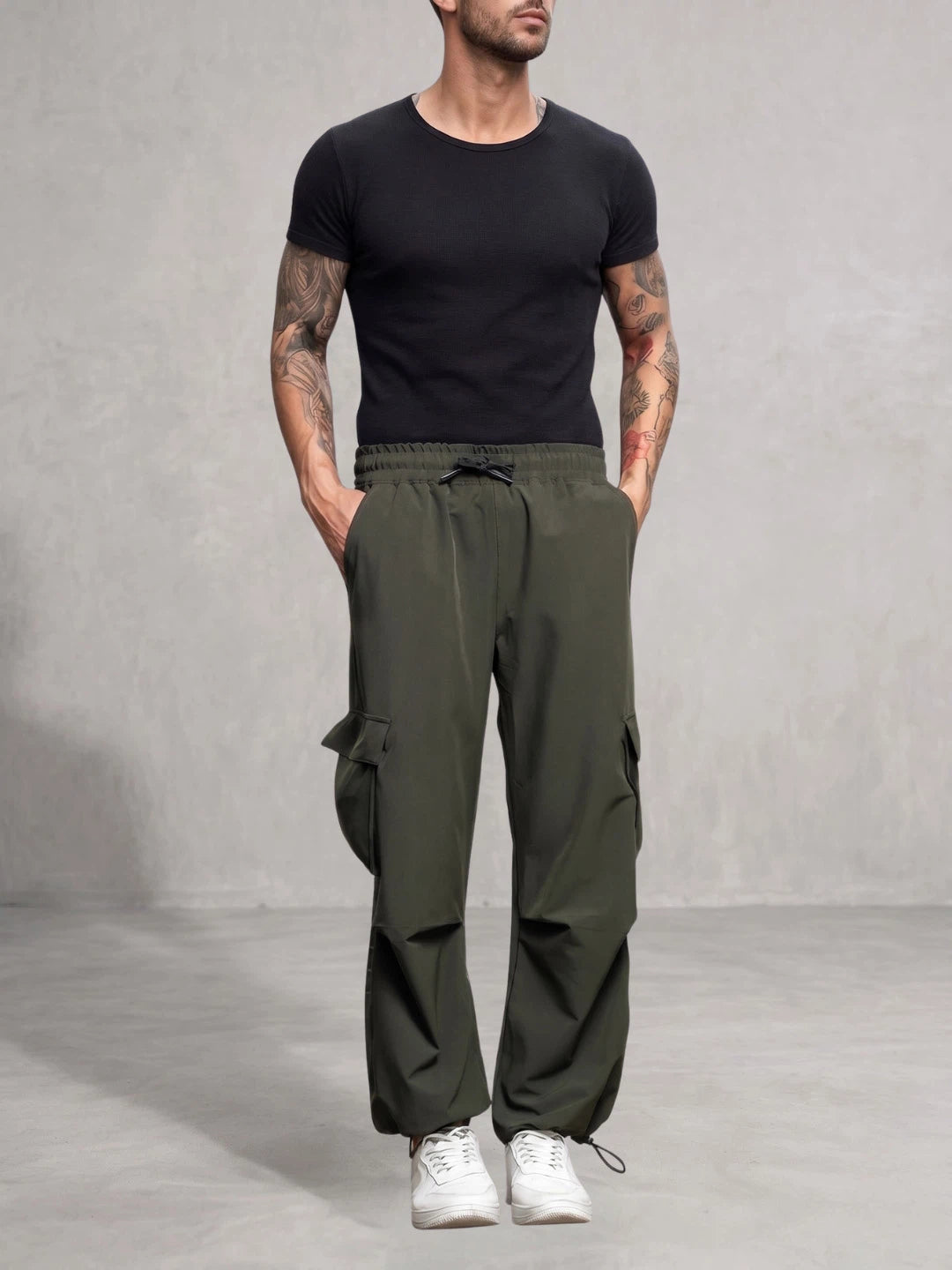 House Of Koala Olive Baggy Fit Parachute Cargo Trousers
