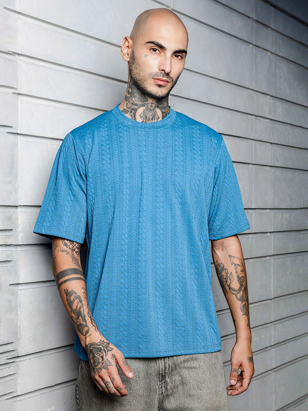 House Of Koala Blue Textured Round Neck Oversized T-Shirt