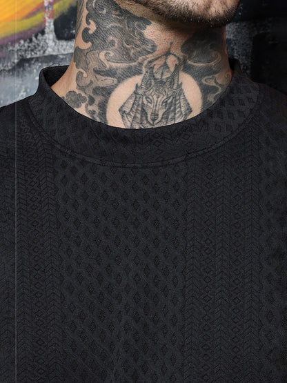 House Of Koala Black Textured Round Neck Oversized T-Shirt
