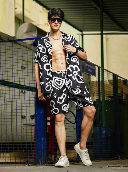 House Of Koala Black Abstract Printed Relaxed Fit Casual Shorts
