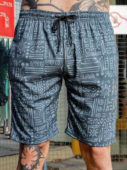 House Of Koala Grey Tribal Print Textured Fabric Relaxed Fit Shorts