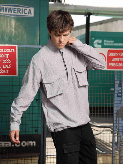 House Of Koala Grey Oversized Jacquard Textured Shacket Pullover