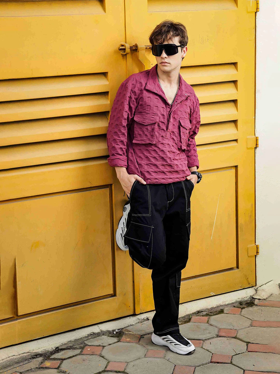 House Of Koala Oversized Wine Textured Shirt Shacket