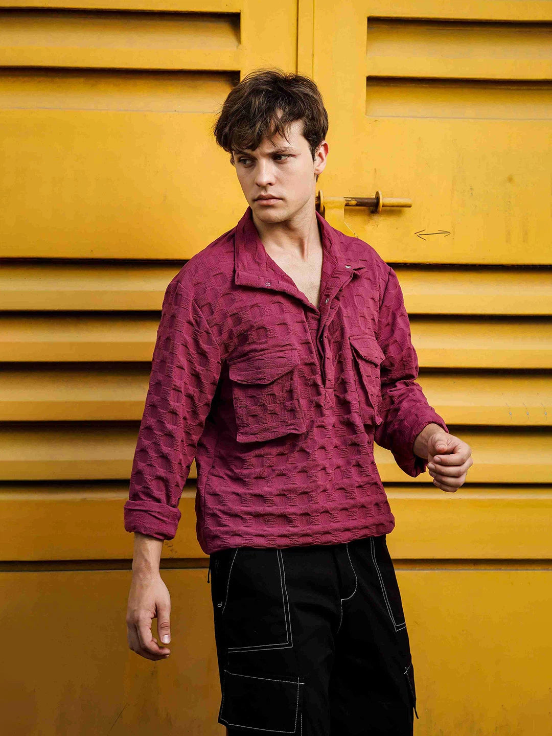House Of Koala Oversized Wine Textured Shirt Shacket