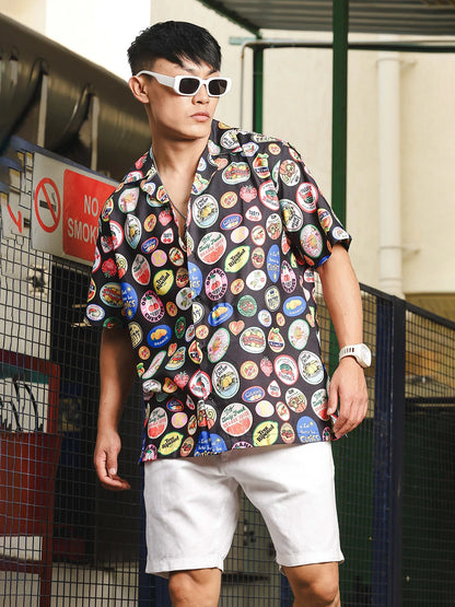 House Of Koala Black Quirk Stamp Printed Classic Relaxed Fit Resort Shirt