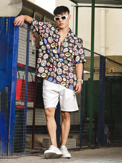 House Of Koala Black Quirk Stamp Printed Classic Relaxed Fit Resort Shirt