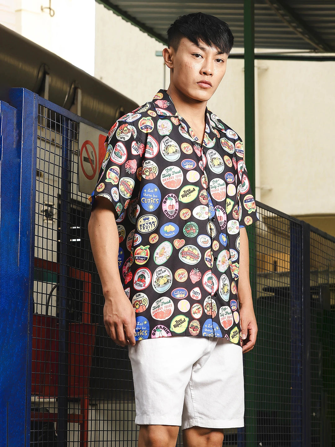 House Of Koala Black Quirk Stamp Printed Classic Relaxed Fit Resort Shirt
