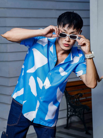 House Of Koala Blue Abstract Print Cuban Collar Oversized Resort Shirt