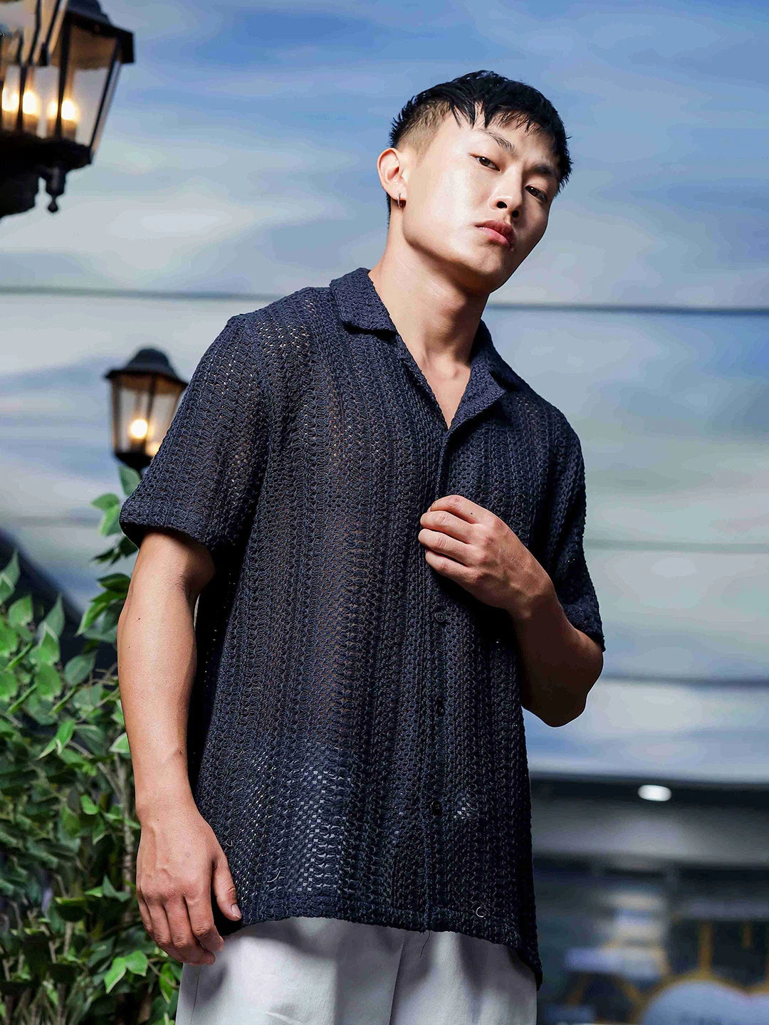 House Of Koala Relaxed Fit Black Cotton Crochet Resort Shirt