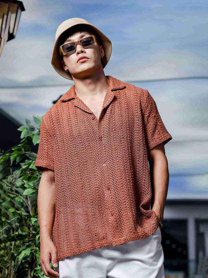 House Of Koala Brown Pure Cotton Crochet Resort Shirt