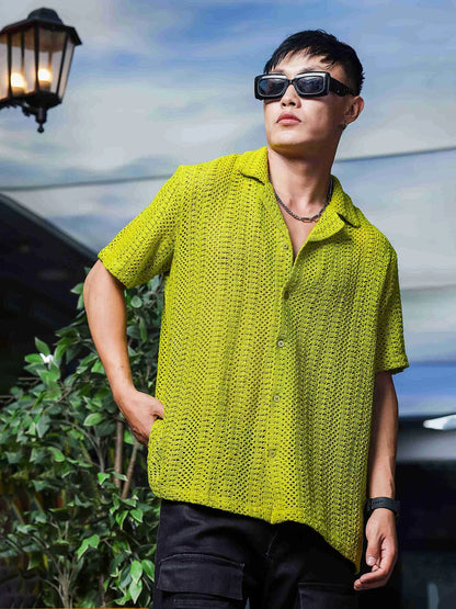 House Of Koala Lime Green Relaxed Fit Pure Cotton Crochet Resort Shirt