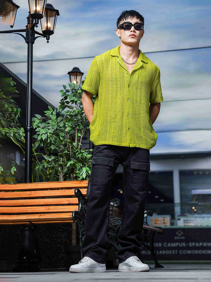 House Of Koala Lime Green Relaxed Fit Pure Cotton Crochet Resort Shirt