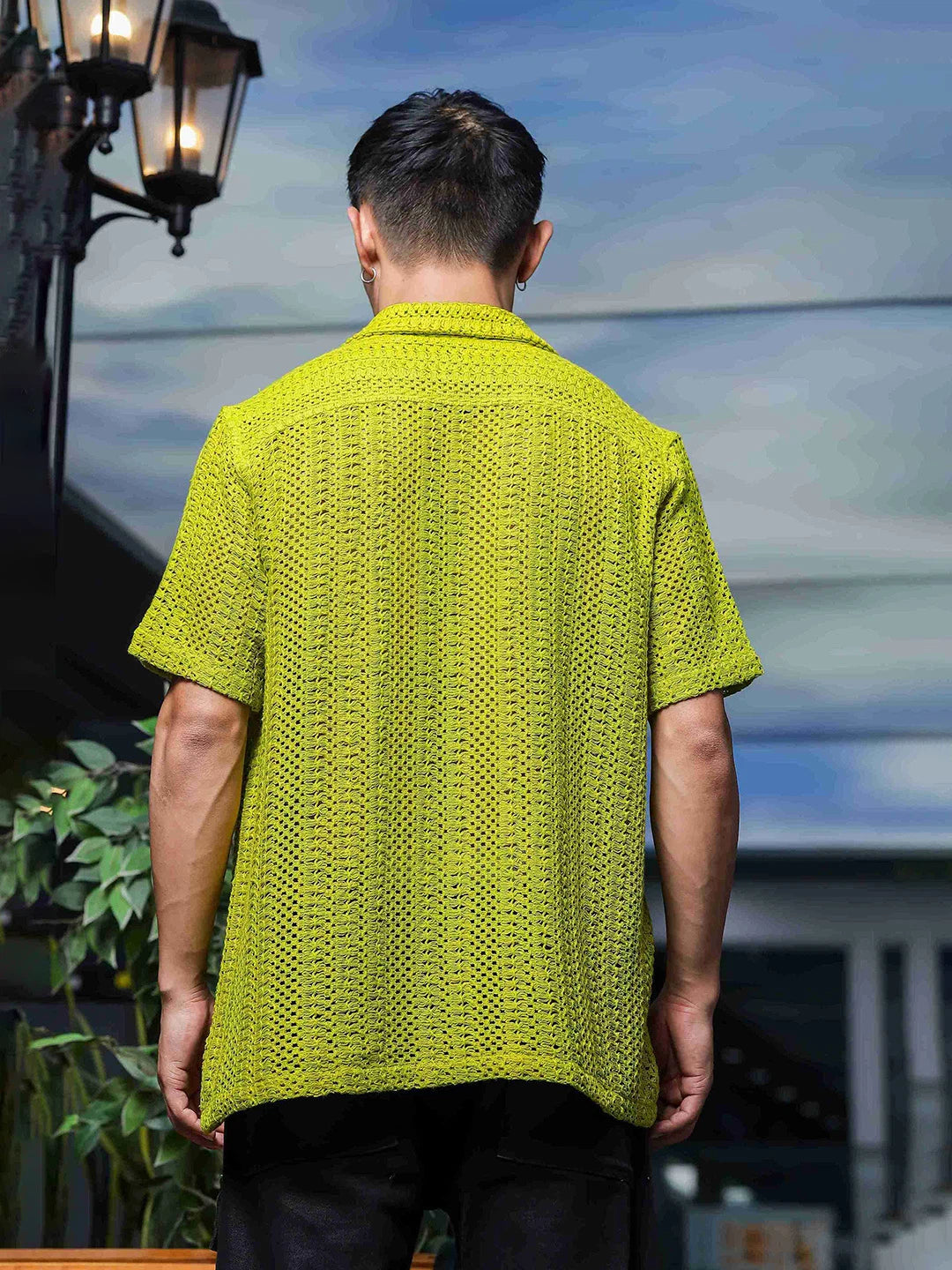 House Of Koala Lime Green Relaxed Fit Pure Cotton Crochet Resort Shirt