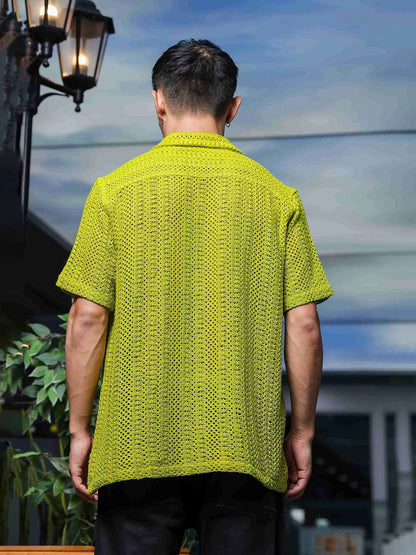 House Of Koala Lime Green Relaxed Fit Pure Cotton Crochet Resort Shirt