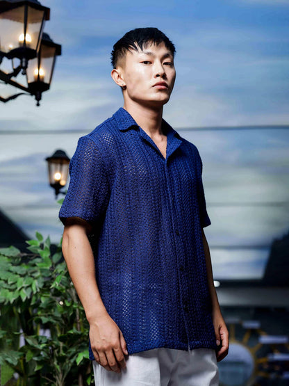 House Of Koala Navy Blue Relaxed Fit Pure Cotton Crochet Resort Shirt