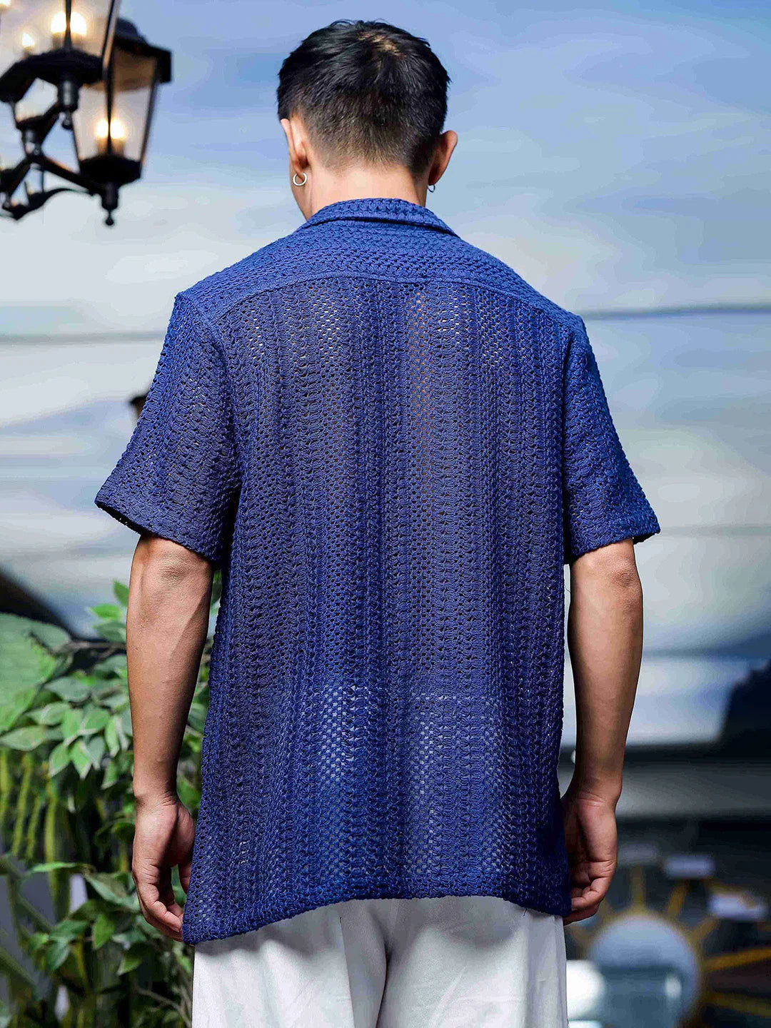 House Of Koala Navy Blue Relaxed Fit Pure Cotton Crochet Resort Shirt