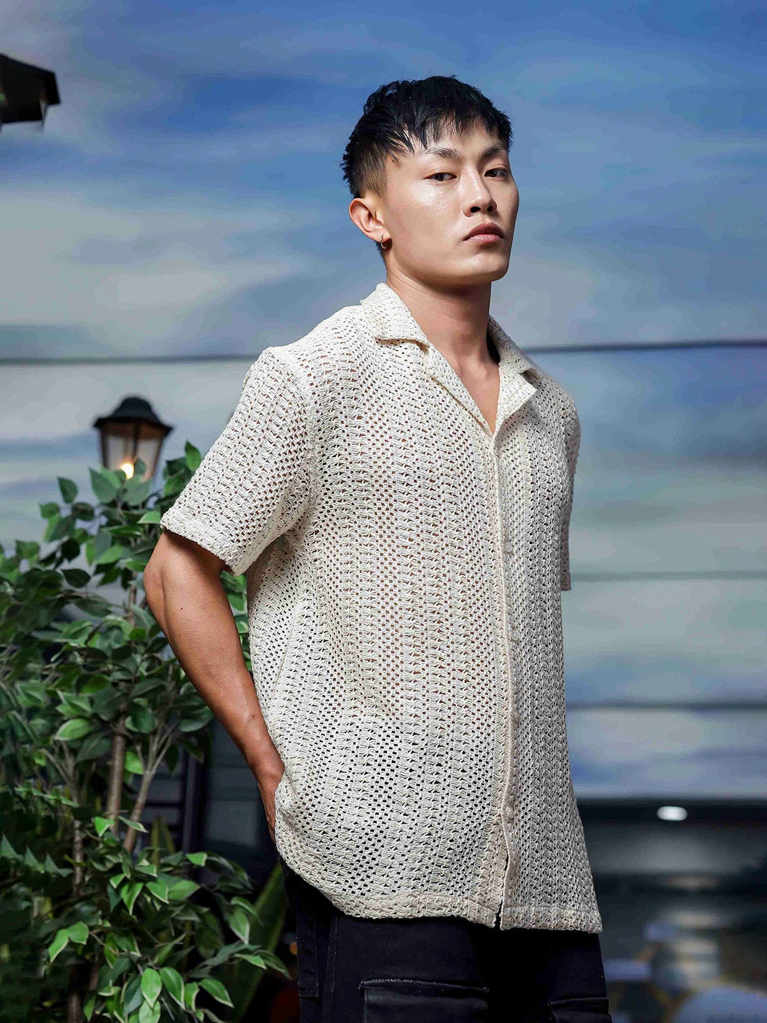 House Of Koala Off White Relaxed Fit Pure Cotton Crochet Resort Shirt