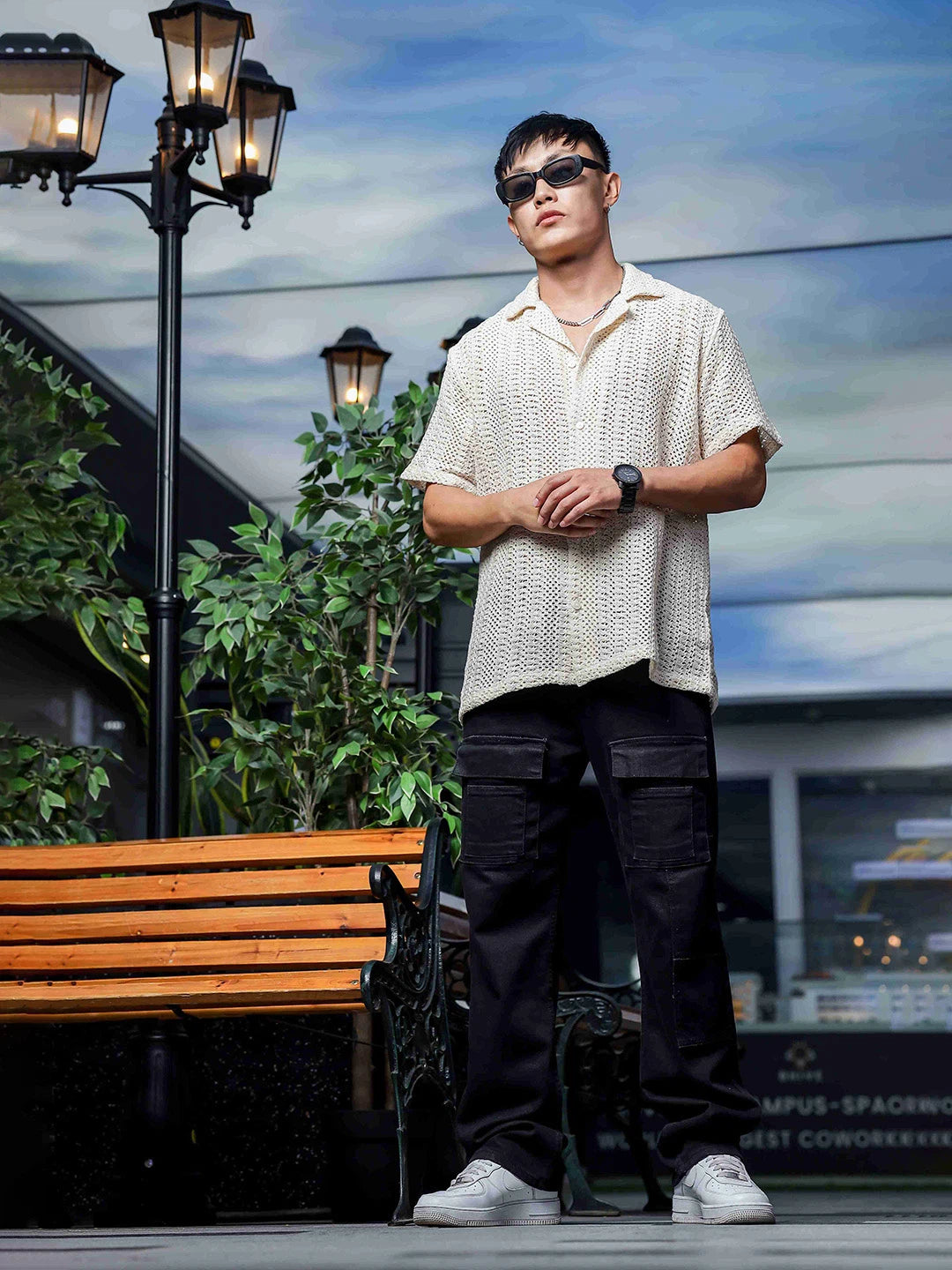 House Of Koala Off White Relaxed Fit Pure Cotton Crochet Resort Shirt