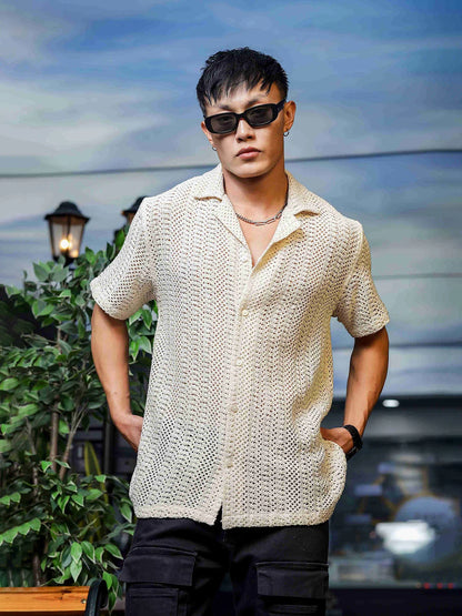 House Of Koala Off White Relaxed Fit Pure Cotton Crochet Resort Shirt