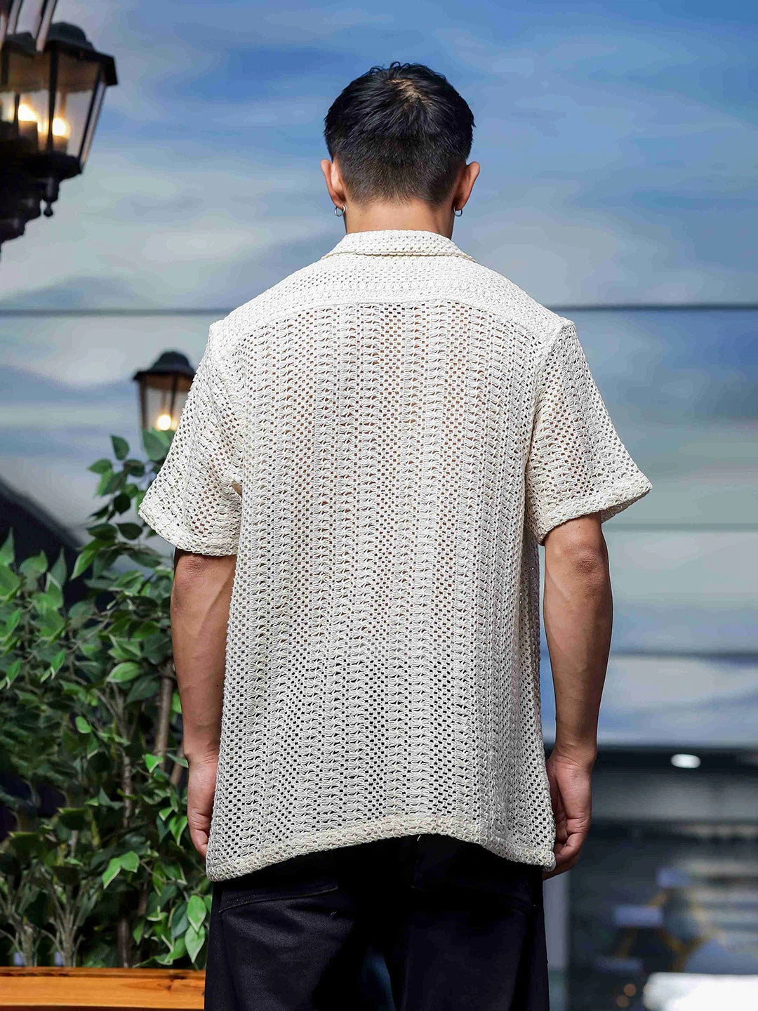 House Of Koala Off White Relaxed Fit Pure Cotton Crochet Resort Shirt