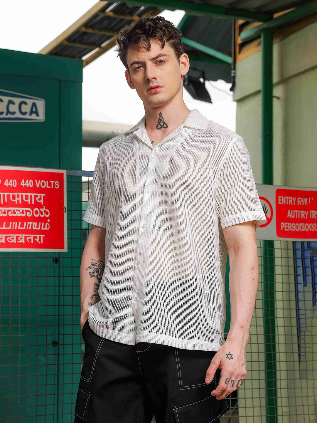 House Of Koala White Crochet Textured Relaxed Fit Casual Shirt
