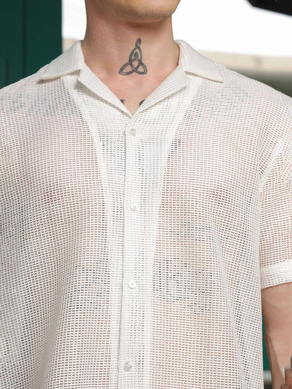 House Of Koala White Crochet Textured Relaxed Fit Casual Shirt