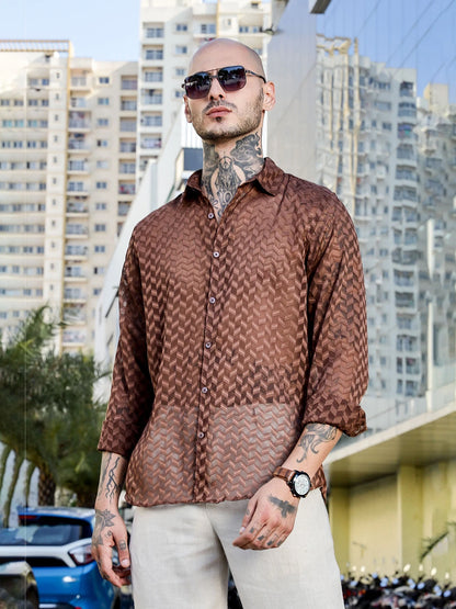 House Of Koala Brown Classic Semi Sheer Georgette Relaxed Fit Shirt