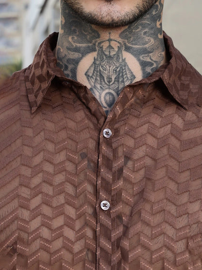 House Of Koala Brown Classic Semi Sheer Georgette Relaxed Fit Shirt