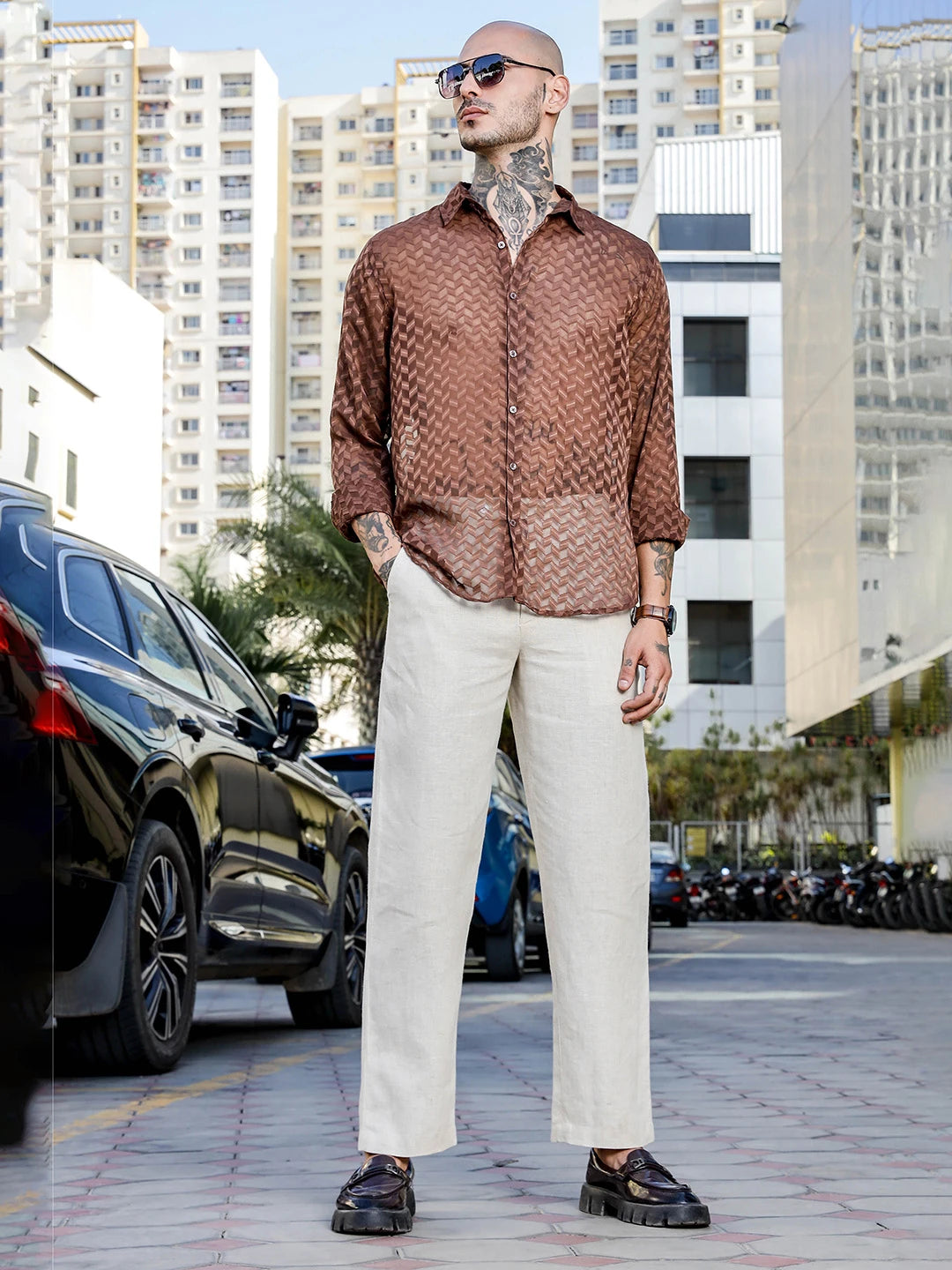 House Of Koala Brown Classic Semi Sheer Georgette Relaxed Fit Shirt