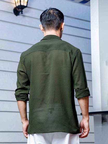 House Of Koala Olive Green Classic Semi Sheer Georgette Relaxed Fit Shirt