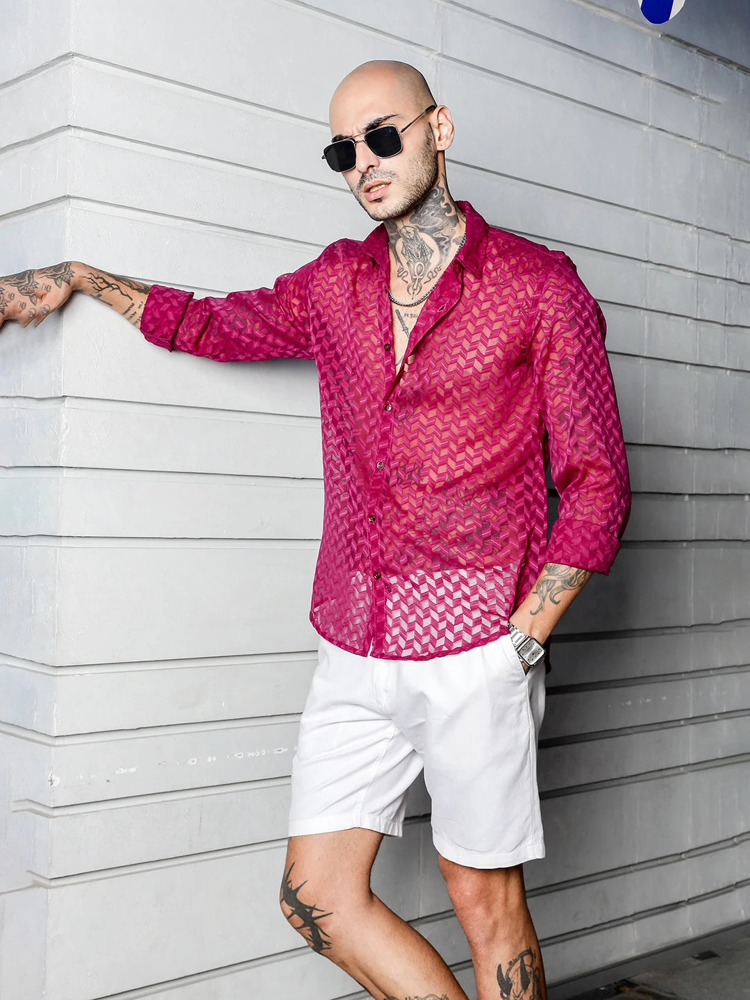 House Of Koala Pink Classic Semi Sheer Georgette Relaxed Fit Shirt
