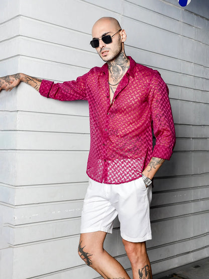House Of Koala Pink Classic Semi Sheer Georgette Relaxed Fit Shirt
