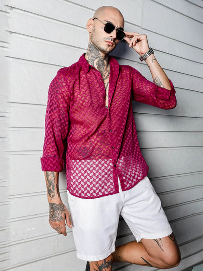 House Of Koala Pink Classic Semi Sheer Georgette Relaxed Fit Shirt
