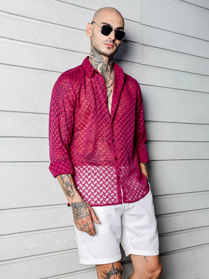 House Of Koala Pink Classic Semi Sheer Georgette Relaxed Fit Shirt