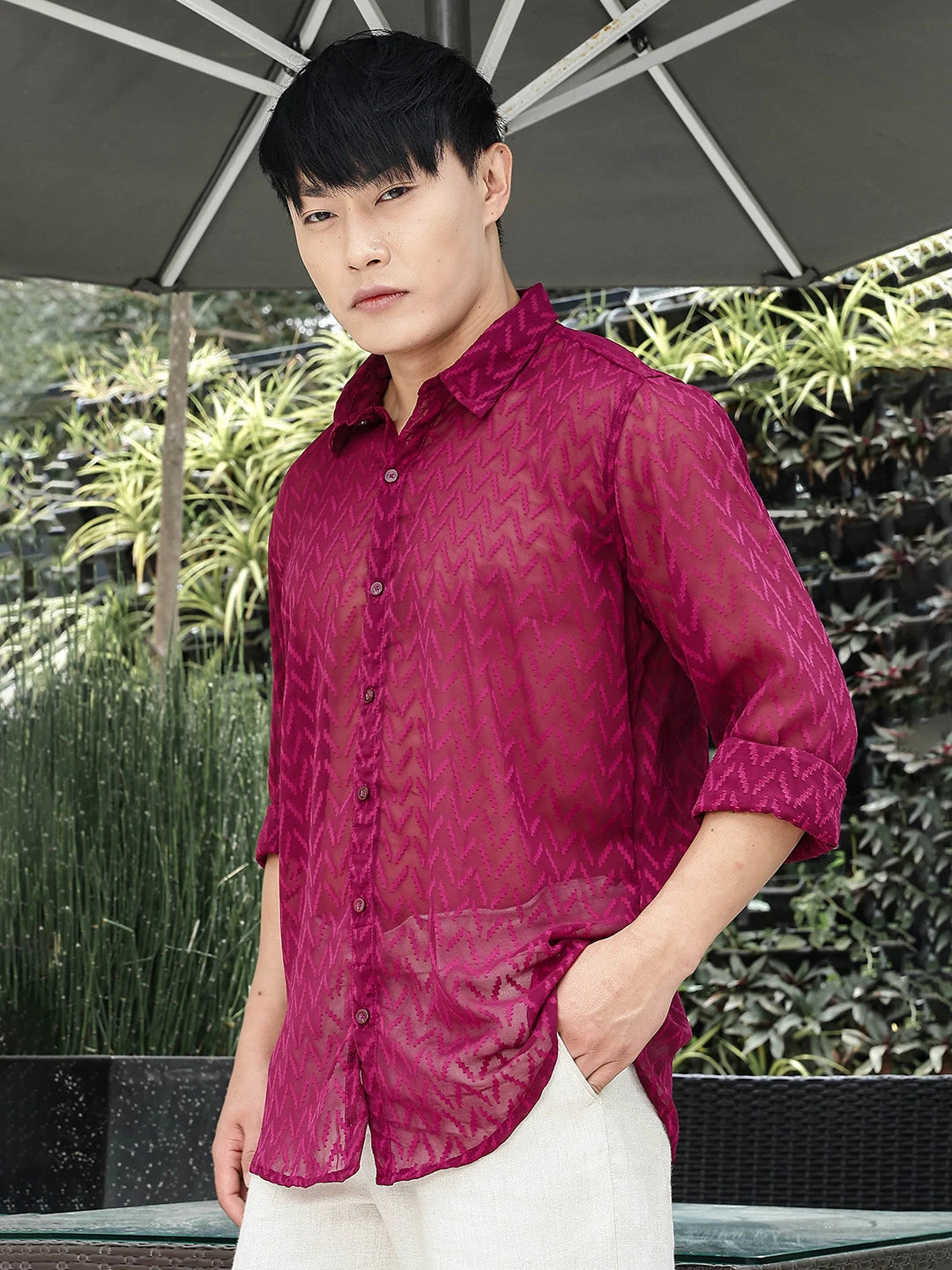 House Of Koala Pink Classic Semi Sheer Georgette Relaxed Fit Shirt 2.0