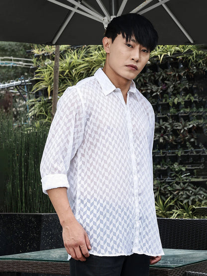 House Of Koala White Classic Semi Sheer Georgette Relaxed Fit Shirt