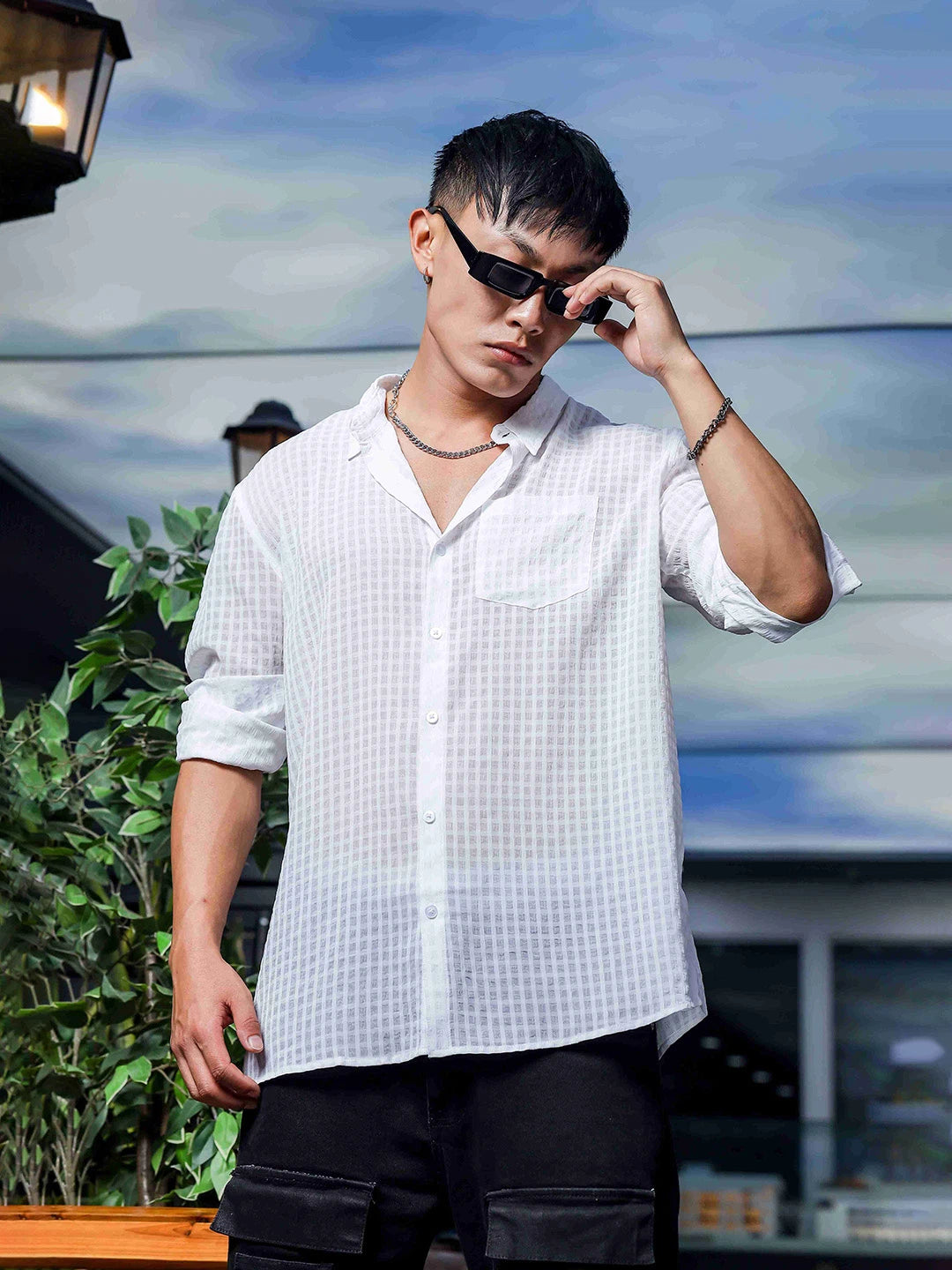House Of Koala White Classic Semi Sheer Georgette Relaxed Fit Shirt