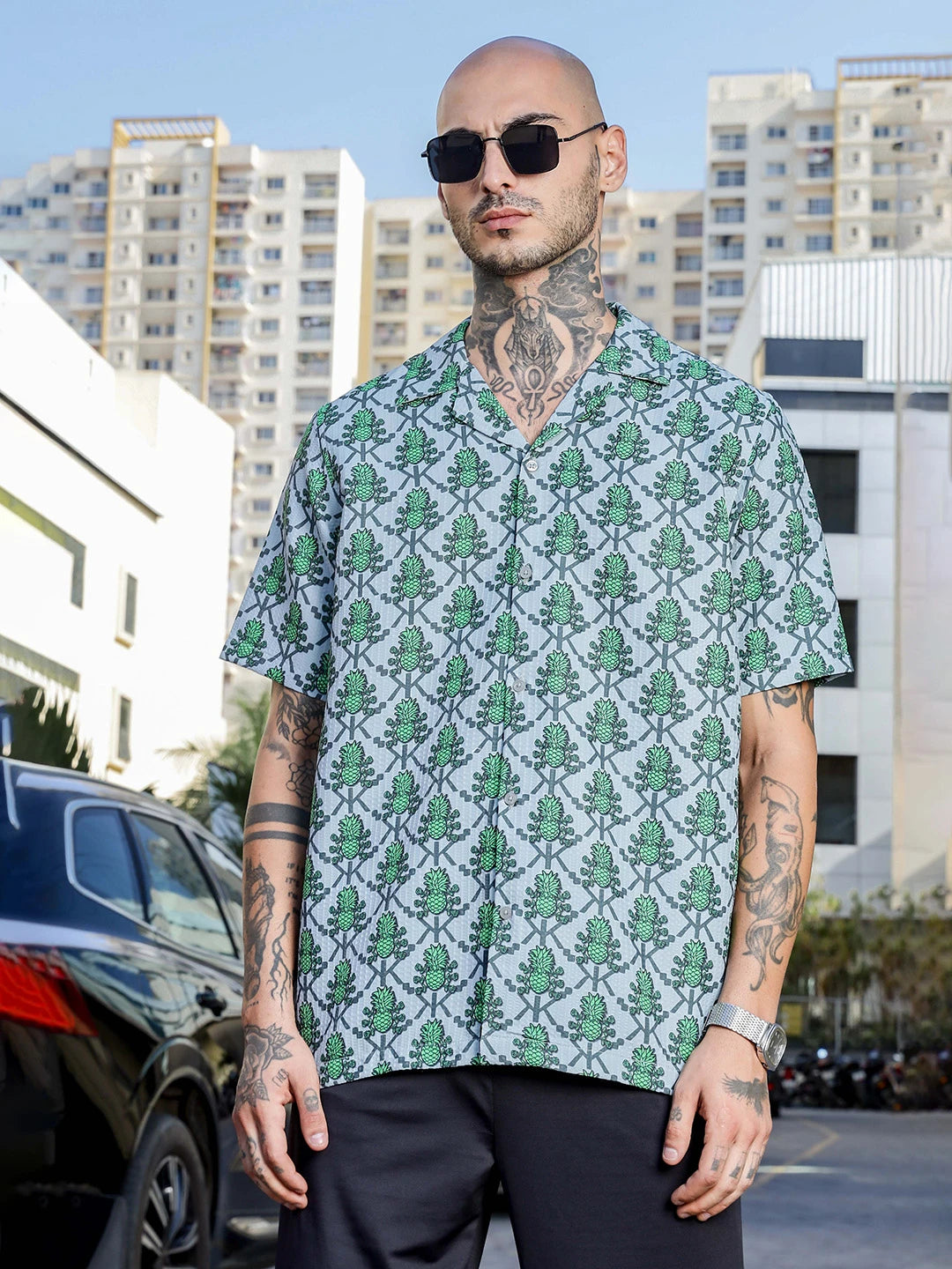House Of Koala Green Tropical Print Textured Fabric Relaxed Fit Resort Shirt