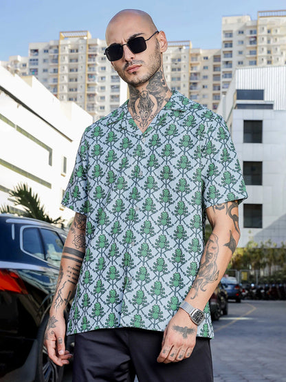House Of Koala Green Tropical Print Textured Fabric Relaxed Fit Resort Shirt