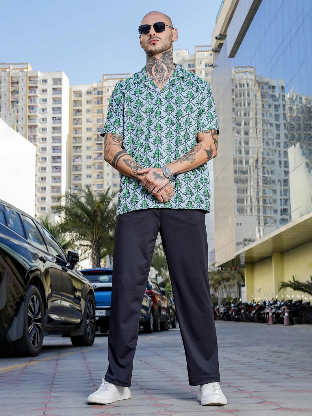 House Of Koala Green Tropical Print Textured Fabric Relaxed Fit Resort Shirt
