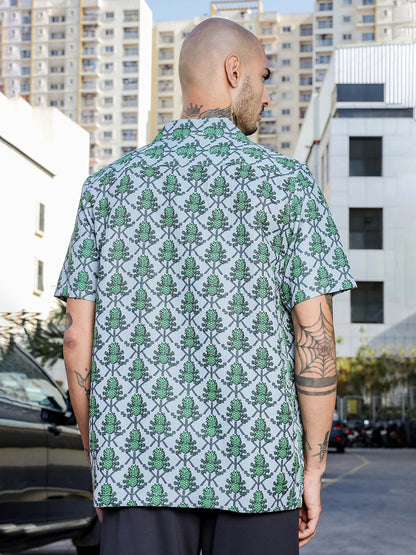 House Of Koala Green Tropical Print Textured Fabric Relaxed Fit Resort Shirt