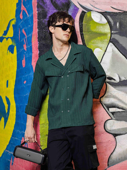 House Of Koala Green Knit Textured Ribbed Relaxed Fit Korean Shacket Shirt