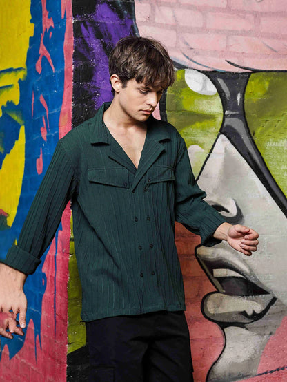 House Of Koala Green Knit Textured Ribbed Relaxed Fit Korean Shacket Shirt