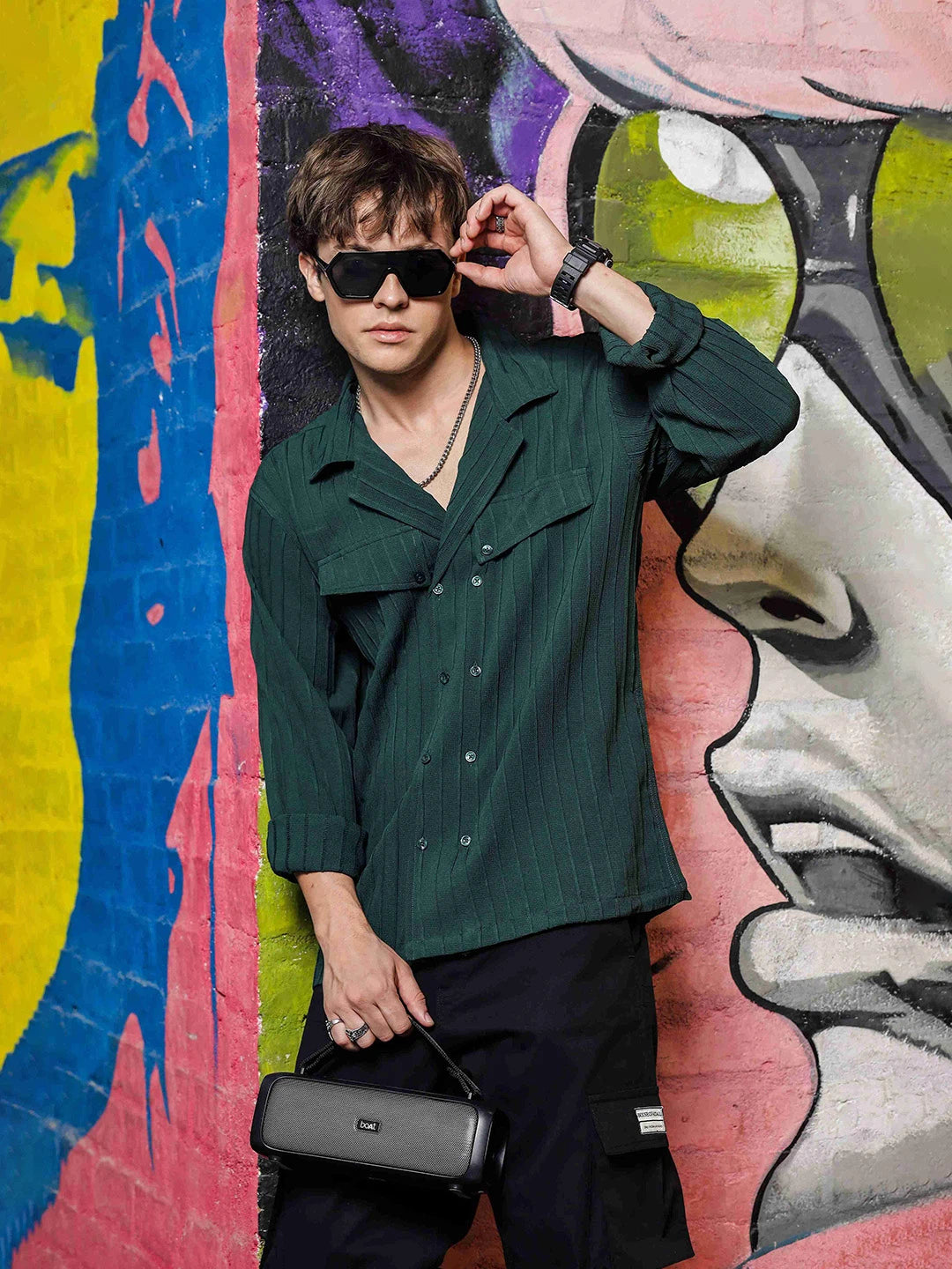 House Of Koala Green Knit Textured Ribbed Relaxed Fit Korean Shacket Shirt