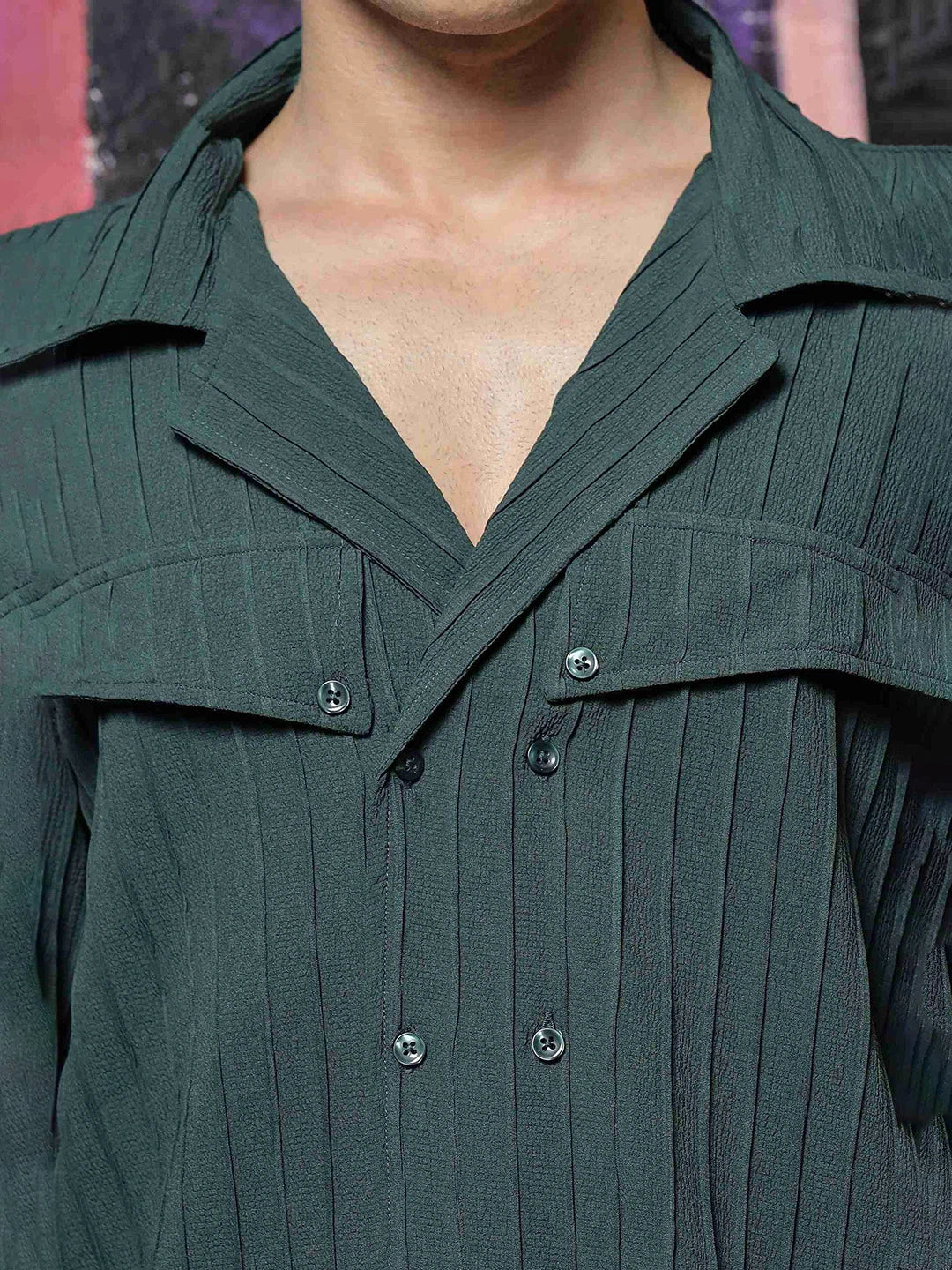 House Of Koala Green Knit Textured Ribbed Relaxed Fit Korean Shacket Shirt