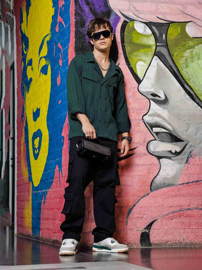 House Of Koala Green Knit Textured Ribbed Relaxed Fit Korean Shacket Shirt