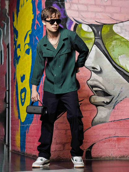 House Of Koala Green Knit Textured Ribbed Relaxed Fit Korean Shacket Shirt