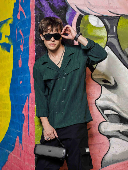 House Of Koala Green Knit Textured Ribbed Relaxed Fit Korean Shacket Shirt