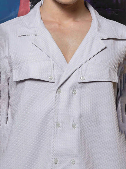 House Of Koala Grey Textured Notched Lapel Collar Regular Fit Korean Shacket Shirt