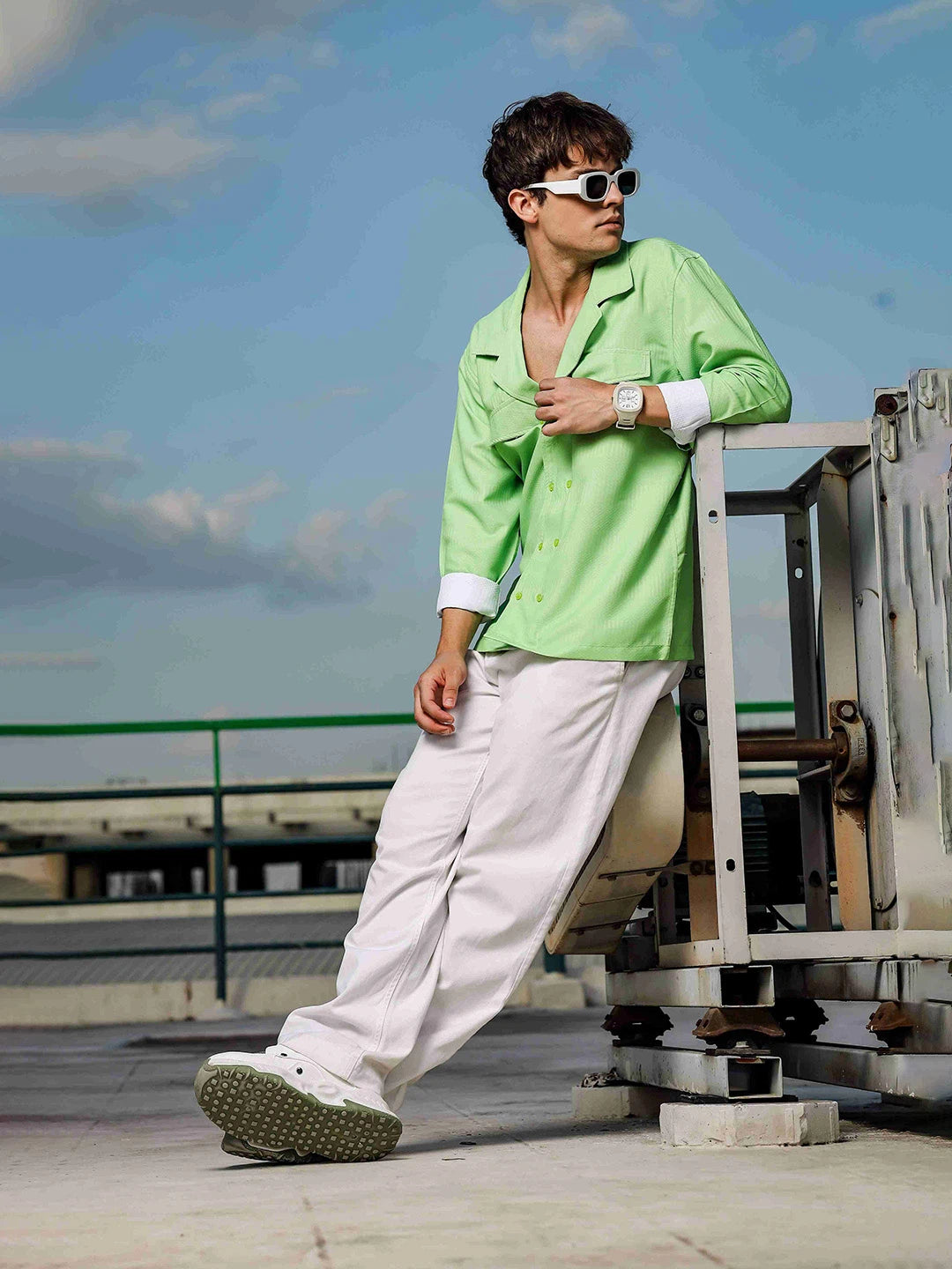 House Of Koala Lime Green Textured Notched Lapel Collar Regular Fit Korean Shacket Shirt